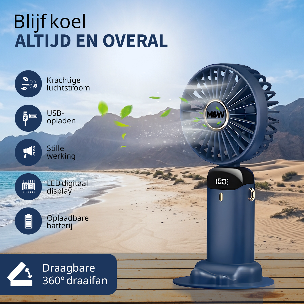 M&W Draagbare Hand Ventilator - Blauw