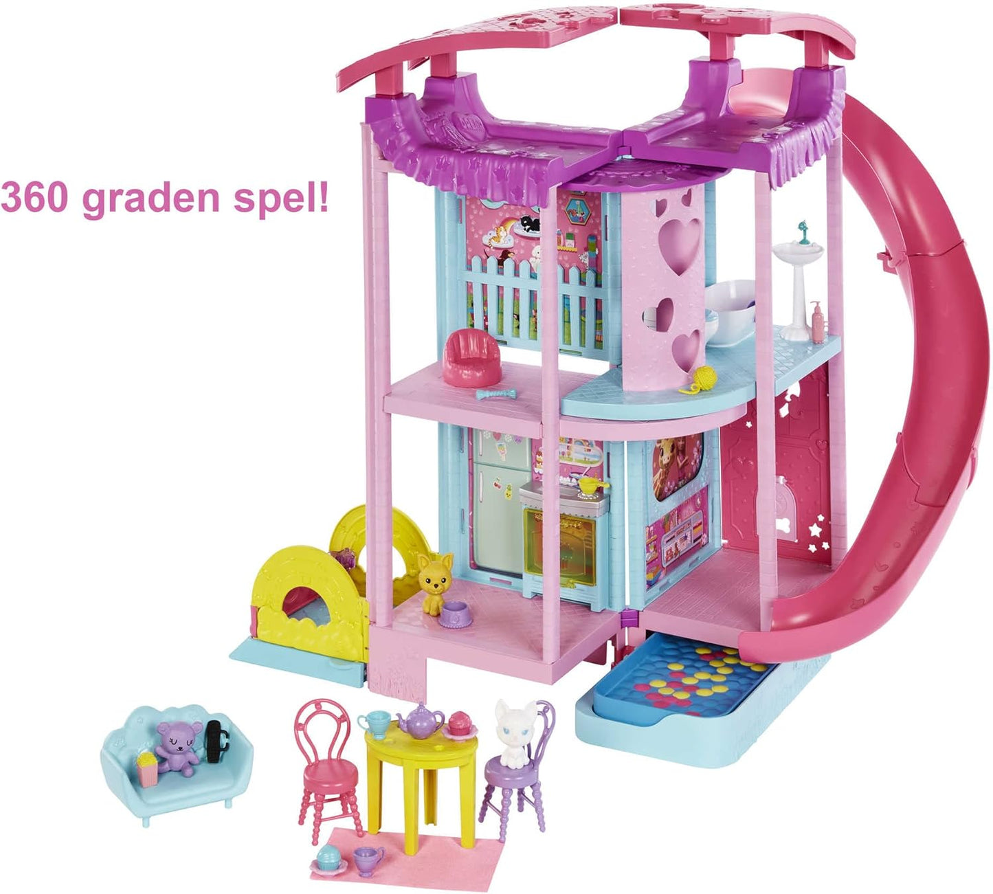 Barbie poppenhuis, Chelsea speelhuis met 2 Huisdieren, Meubels en Accessoires, Lift, Zwembad, Glijbaan, Ballenbak en Meer, HHX44