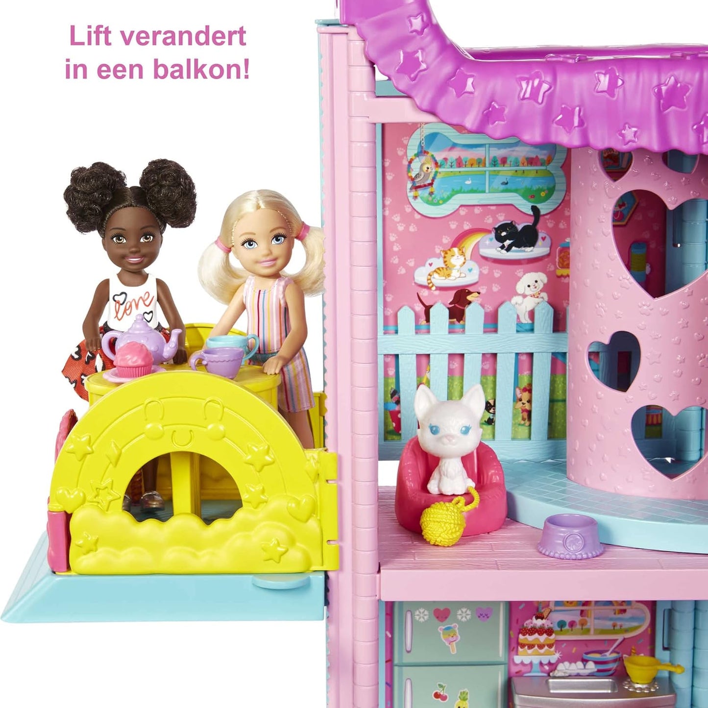 Barbie poppenhuis, Chelsea speelhuis met 2 Huisdieren, Meubels en Accessoires, Lift, Zwembad, Glijbaan, Ballenbak en Meer, HHX44