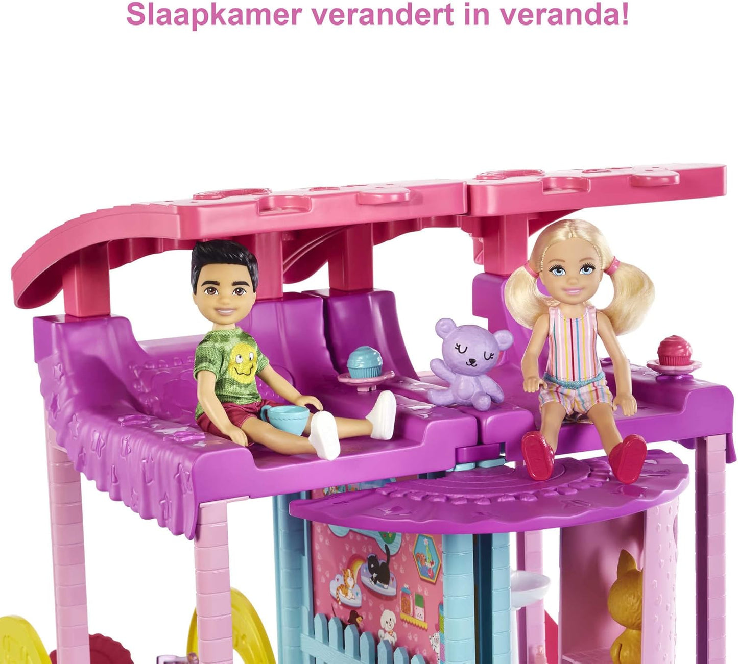 Barbie poppenhuis, Chelsea speelhuis met 2 Huisdieren, Meubels en Accessoires, Lift, Zwembad, Glijbaan, Ballenbak en Meer, HHX44