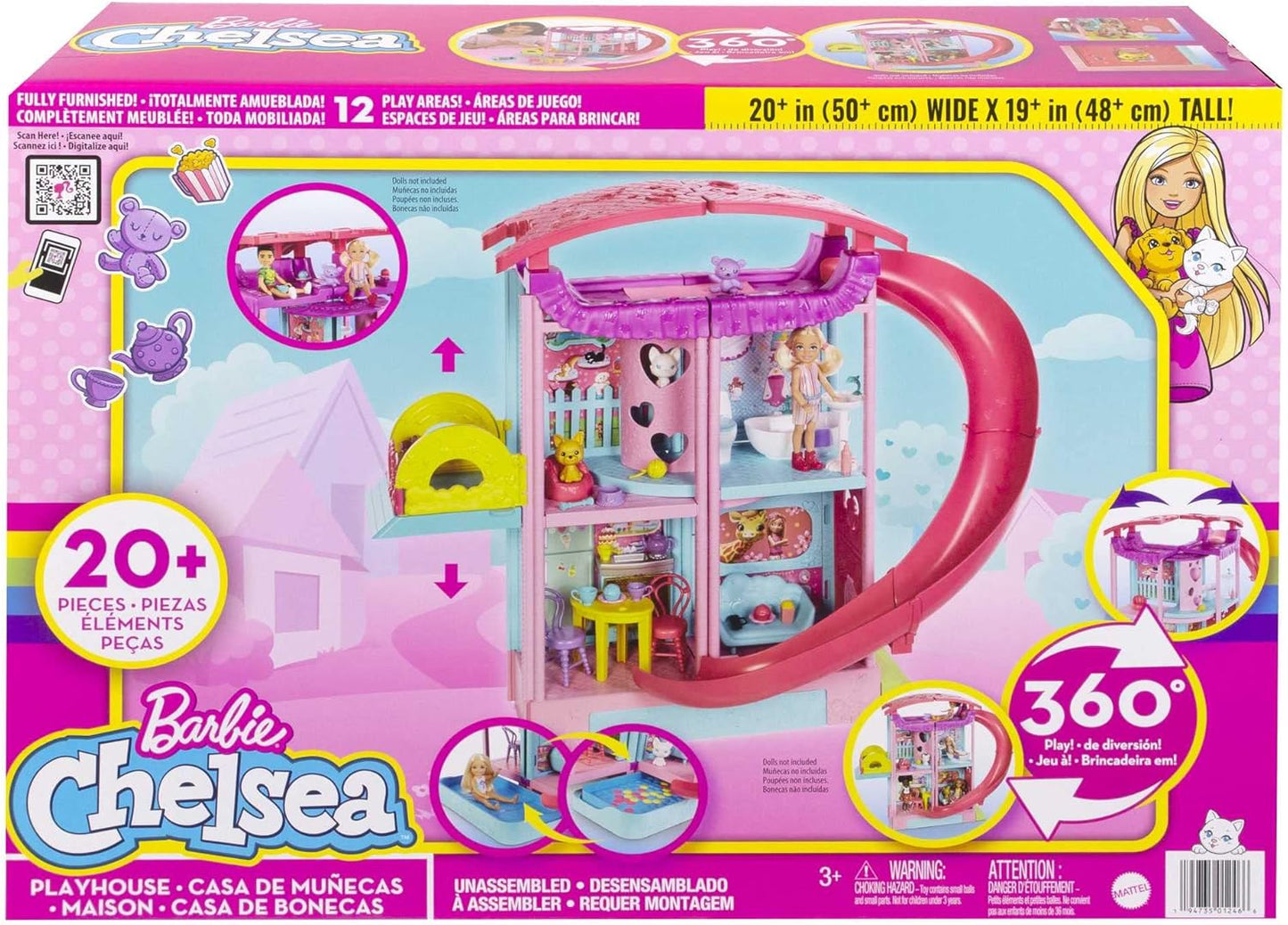 Barbie poppenhuis, Chelsea speelhuis met 2 Huisdieren, Meubels en Accessoires, Lift, Zwembad, Glijbaan, Ballenbak en Meer, HHX44