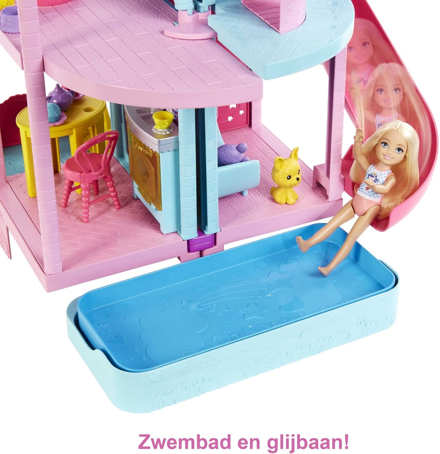 Barbie poppenhuis, Chelsea speelhuis met 2 Huisdieren, Meubels en Accessoires, Lift, Zwembad, Glijbaan, Ballenbak en Meer, HHX44